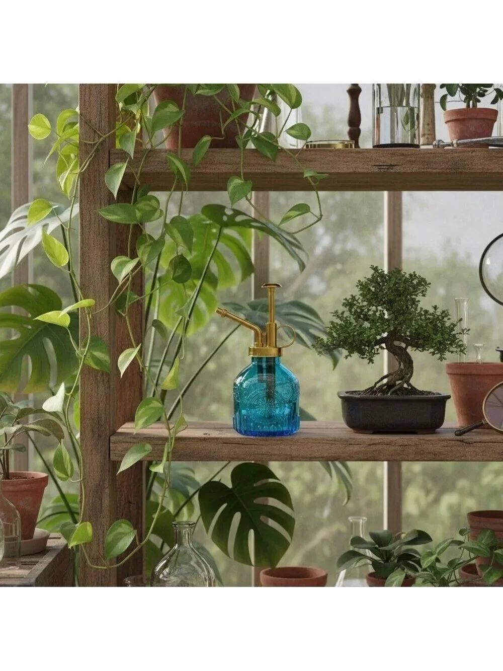 Blue Glass Plant Mister Spray Bottle Gold Pump Orchid Bonsai Air Plant